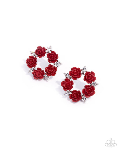 Grace Personified - Red Rosette Silver Post Earrings - Paparazzi Accessories