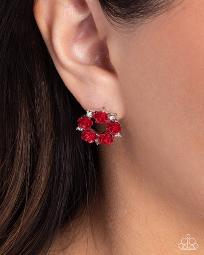 Grace Personified - Red Rosette Silver Post Earrings - Paparazzi Accessories