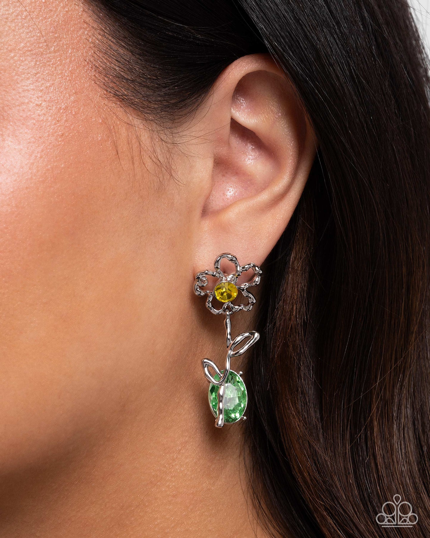 Whimsical Welcome - Yellow Rhinestone Silver Flower Post Earrings - Paparazzi Accessories