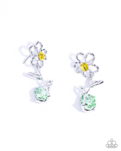 Whimsical Welcome - Yellow Rhinestone Silver Flower Post Earrings - Paparazzi Accessories