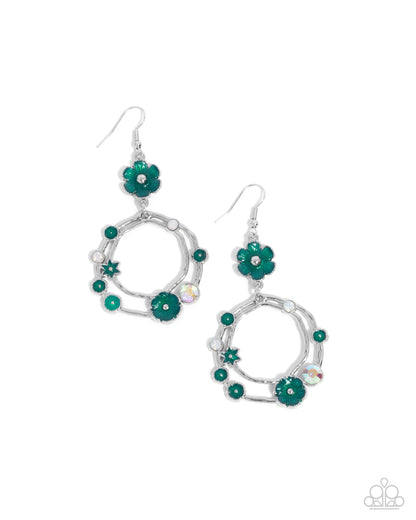 Wreathed Waikiki - Green Enamel Flower Fishhook Earrings - Paparazzi Accessories