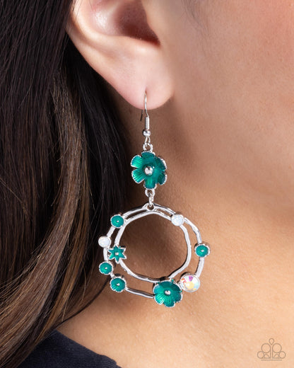 Wreathed Waikiki - Green Enamel Flower Fishhook Earrings - Paparazzi Accessories