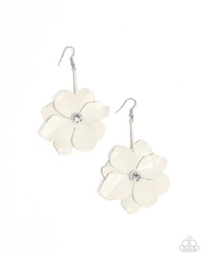Generous Glisten - White Enamel Flower Fishhook Earrings - Paparazzi Accessories