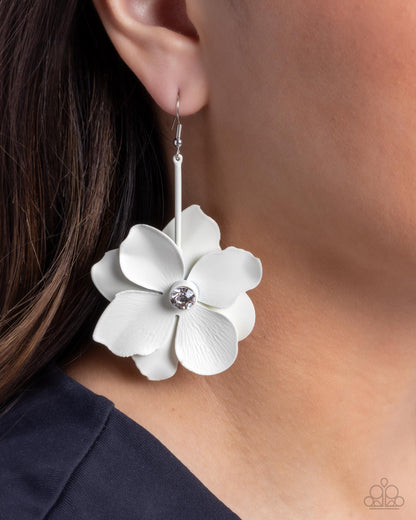 Generous Glisten - White Enamel Flower Fishhook Earrings - Paparazzi Accessories