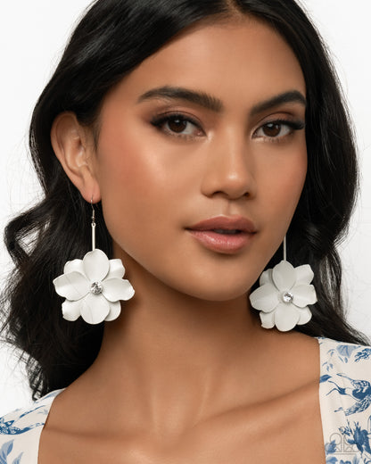Generous Glisten - White Enamel Flower Fishhook Earrings - Paparazzi Accessories