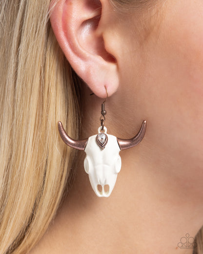 Southwestern Skull - Copper Longhorn Skull Fishhook Earrings - Paparazzi Accessories