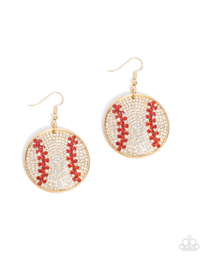 Homerun Haute - Gold, Red & White Rhinestone Baseball Fishhook Earrings - Paparazzi Accessories