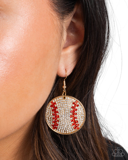 Homerun Haute - Gold, Red & White Rhinestone Baseball Fishhook Earrings - Paparazzi Accessories