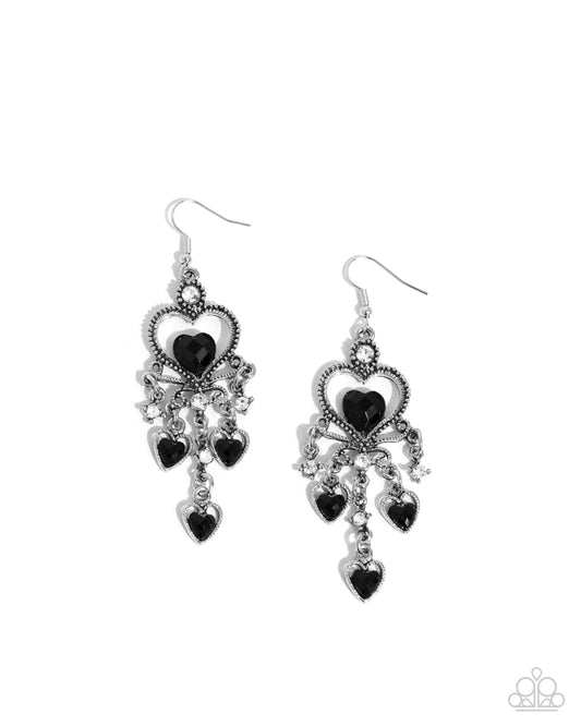 Compassionate Chandelier - Black Heart Gem Silver Fishhook Earrings - Paparazzi Accessories