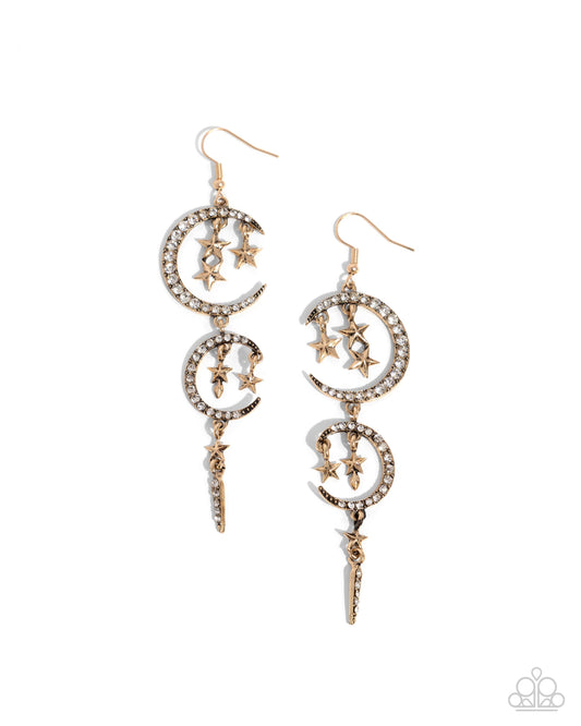 Celestial Cascade - Gold & White Rhinestone Star & Crescent Moon Fishhook Earrings - Paparazzi Accessories