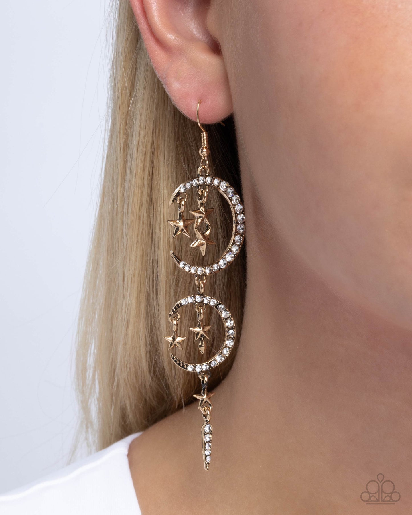 Celestial Cascade - Gold & White Rhinestone Star & Crescent Moon Fishhook Earrings - Paparazzi Accessories