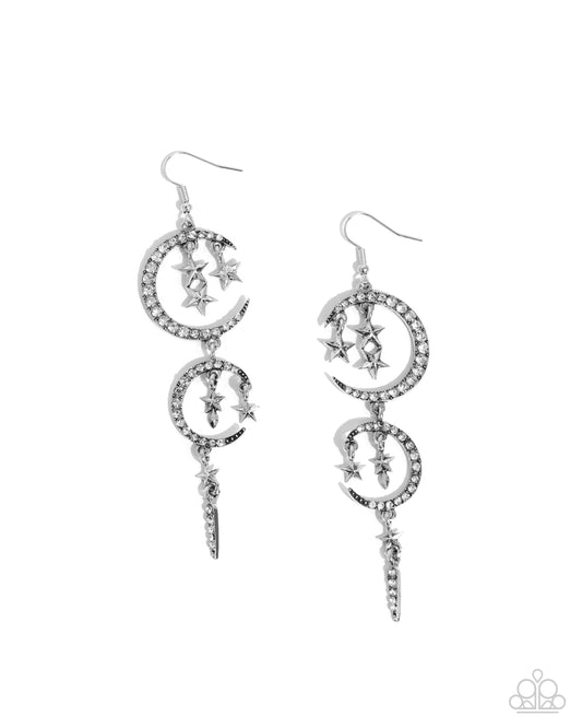 Celestial Cascade - White Rhinestone Silver Star & Crescent Moon Fishhook Earrings - Paparazzi Accessories