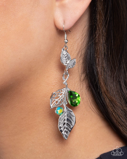 Descending Dazzle - Green Iridescent Rhinestone Silver Leaves Fishhook Earrings - Paparazzi Accessories