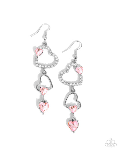 Courting Cascade - Pink Rhinestone Silver Hearts Fishhook Earrings - Paparazzi Accessories