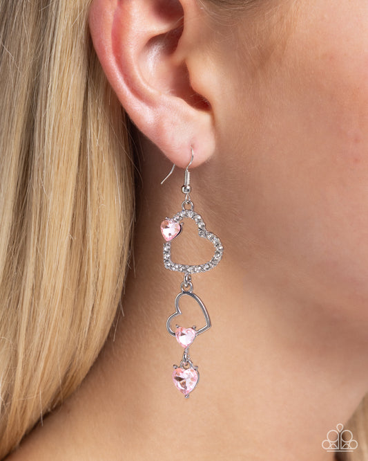 Courting Cascade - Pink Rhinestone Silver Hearts Fishhook Earrings - Paparazzi Accessories