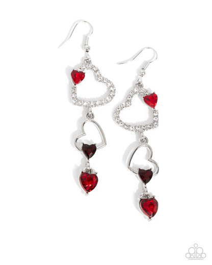 Courting Cascade - Red Rhinestone Silver Hearts Fishhook Earrings - Paparazzi Accessories