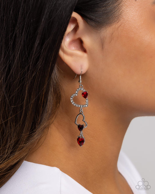 Courting Cascade - Red Rhinestone Silver Hearts Fishhook Earrings - Paparazzi Accessories