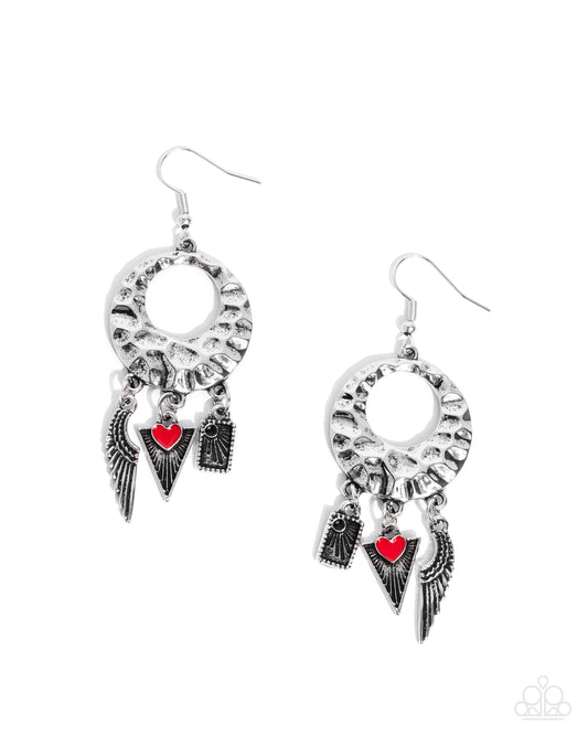 Alternative Angel - Red Painted Heart & Silver Angel Wing Charm Fishhook Earrings - Paparazzi Accessories