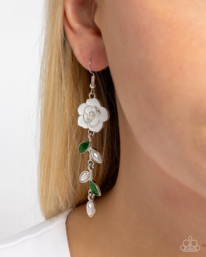 Lattice Lure - White Enamel Rose Fishhook Earrings - Paparazzi Accessories