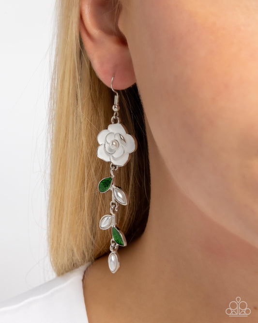 Lattice Lure - White Enamel Rose Fishhook Earrings - Paparazzi Accessories
