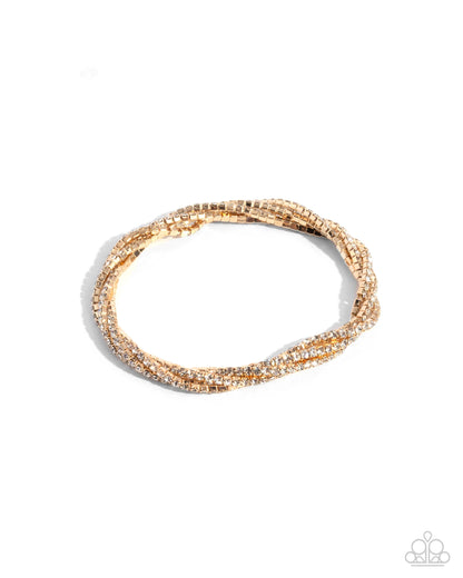 Twisted Triumph - Gold White Rhinestone Stretchy Bracelet - Paparazzi Accessories