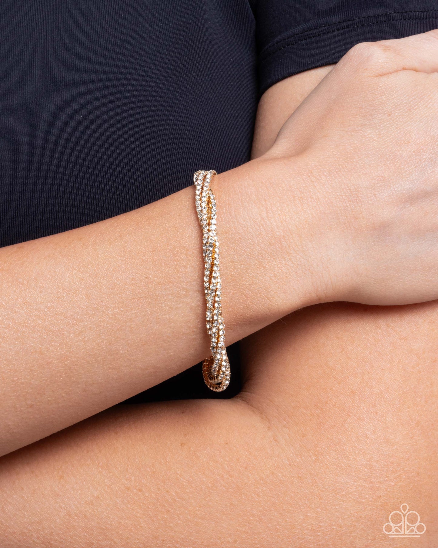 Twisted Triumph - Gold White Rhinestone Stretchy Bracelet - Paparazzi Accessories