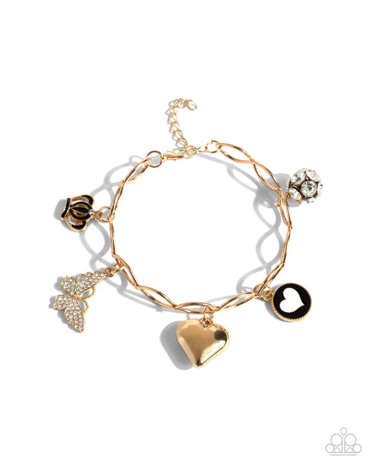 Lullaby Lucky - Gold Crown, Butterfly, Heart Charm Clasp Bracelet - Paparazzi Accessories