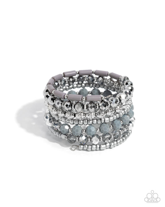 Stacked Surprise - Silver Faceted Beads Coil Bracelet - Paparazzi Accessories