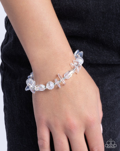 Reflective Ritardando - White Iridescent Faceted Beads Stretchy Bracelet - Paparazzi Accessories