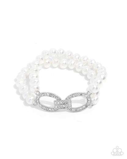 Fancy-Free Fanfare - White Pearl & Rhinestone Stretchy Bracelet - Paparazzi Accessories