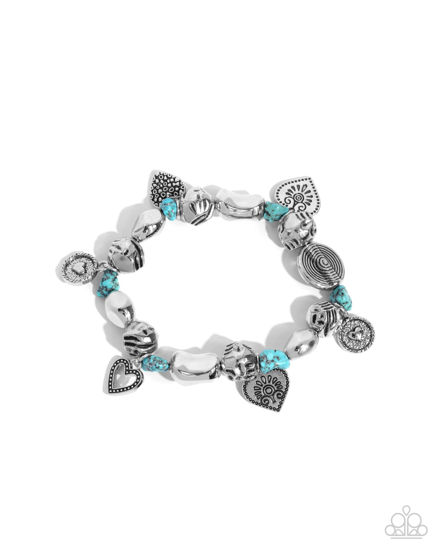 Rustic Rampage - Blue Stone Silver Heart Charms Stretchy Bracelet - Paparazzi Accessories