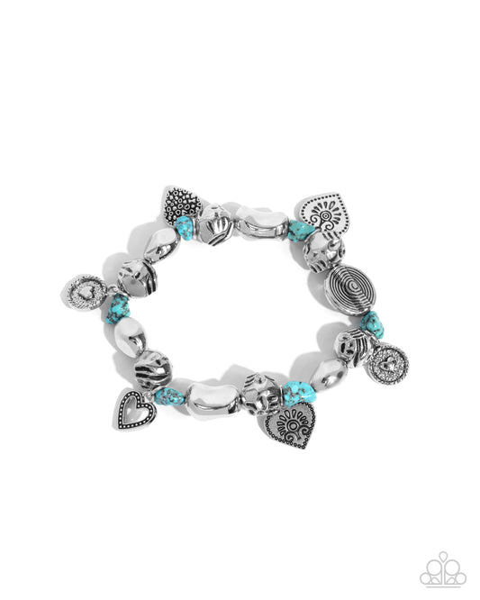 Rustic Rampage - Blue Stone Silver Heart Charms Stretchy Bracelet - Paparazzi Accessories