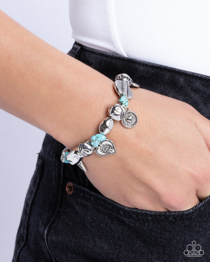 Rustic Rampage - Blue Stone Silver Heart Charms Stretchy Bracelet - Paparazzi Accessories