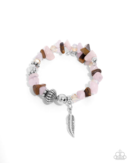 Earthy Earning - Pink Stone Silver Feather Charm Infinity Wrap Style Bracelet - Paparazzi Accessories