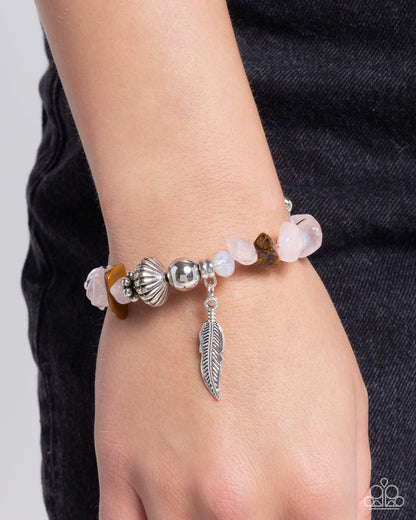 Earthy Earning - Pink Stone Silver Feather Charm Infinity Wrap Style Bracelet - Paparazzi Accessories