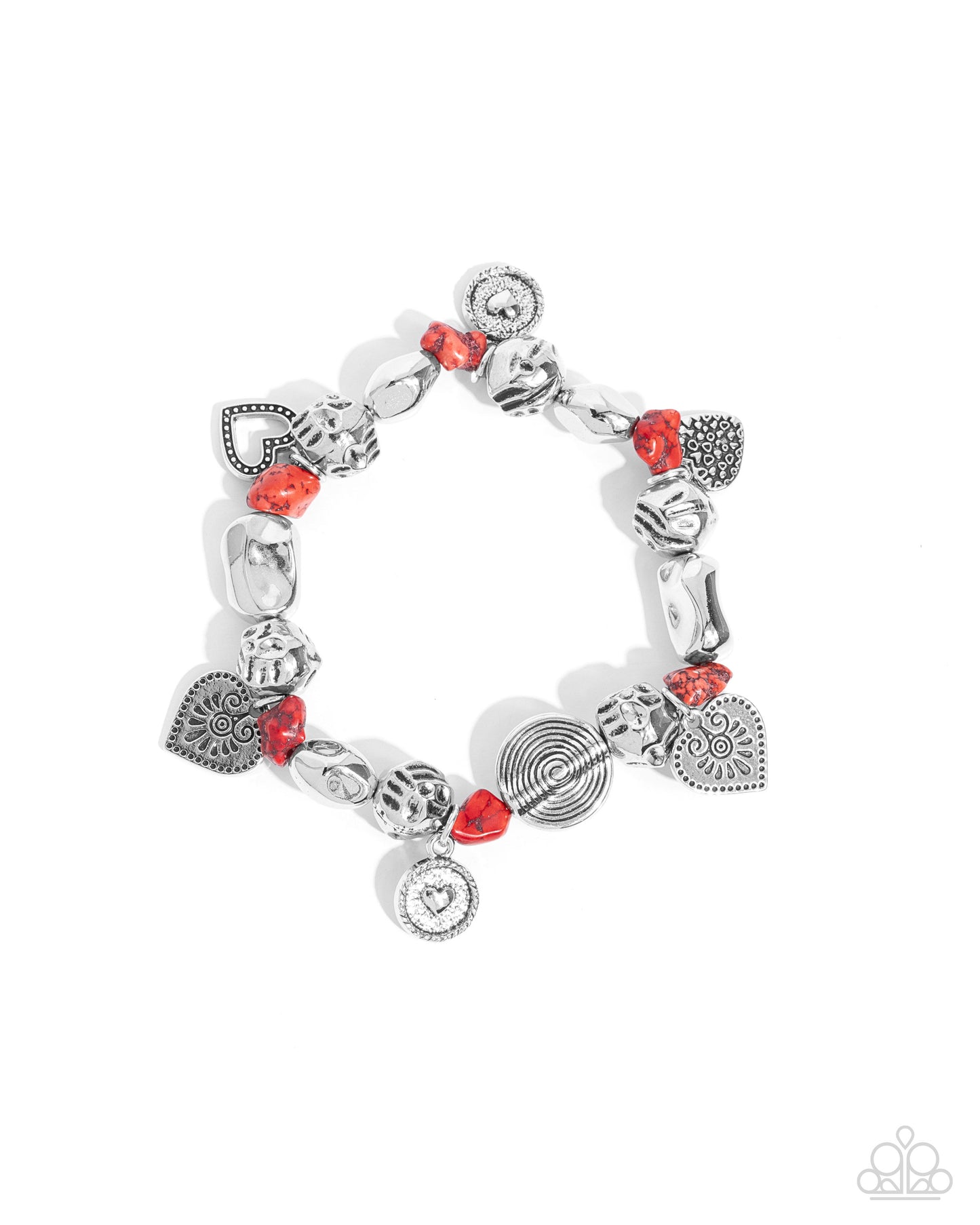 Rustic Rampage - Red Stone Silver Heart Charms Stretchy Bracelet - Paparazzi Accessories
