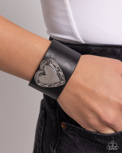 Decorated Debut - Black Leather Silver Heart Snap Wrap Bracelet - Paparazzi Accessories