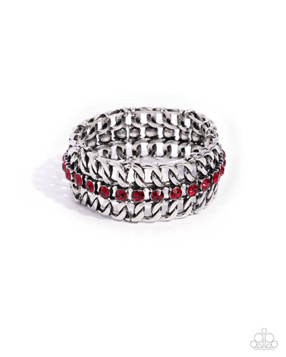 Secure Shimmer - Red Rhinestone Silver Curb Chain Stretchy Bracelet - Paparazzi Accessories