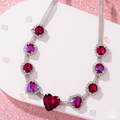 Valentines Vibe - Pink UV Shimmer Heart Rhinestone Silver Choker Necklace - Paparazzi Accessories