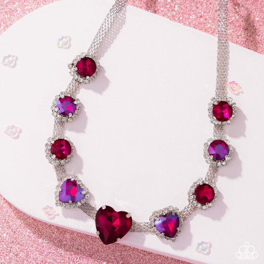 Valentines Vibe - Pink UV Shimmer Heart Rhinestone Silver Choker Necklace - Paparazzi Accessories