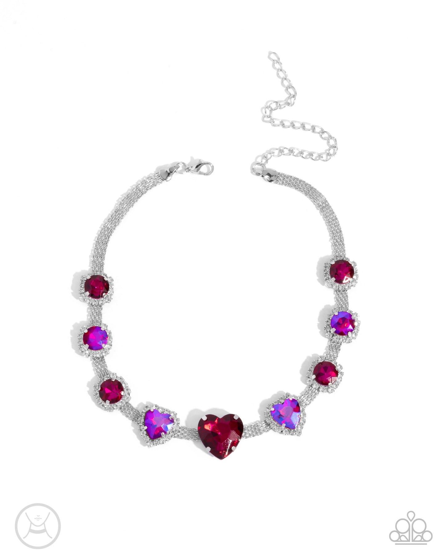 Valentines Vibe - Pink UV Shimmer Heart Rhinestone Silver Choker Necklace - Paparazzi Accessories
