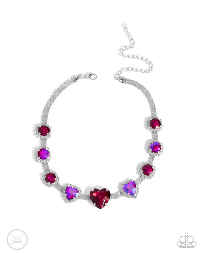 Valentines Vibe - Pink UV Shimmer Heart Rhinestone Silver Choker Necklace - Paparazzi Accessories