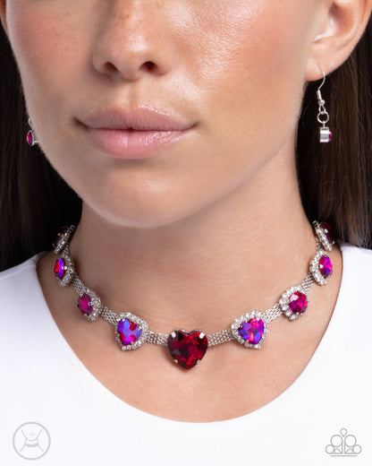 Valentines Vibe - Pink UV Shimmer Heart Rhinestone Silver Choker Necklace - Paparazzi Accessories