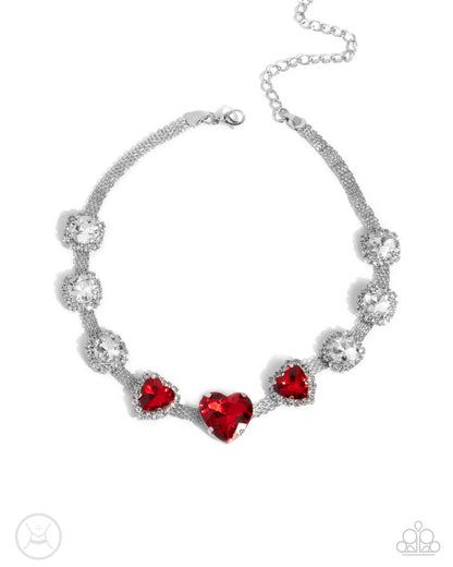 Valentines Vibe - Red Heart Rhinestone Silver Choker Necklace - Paparazzi Accessories