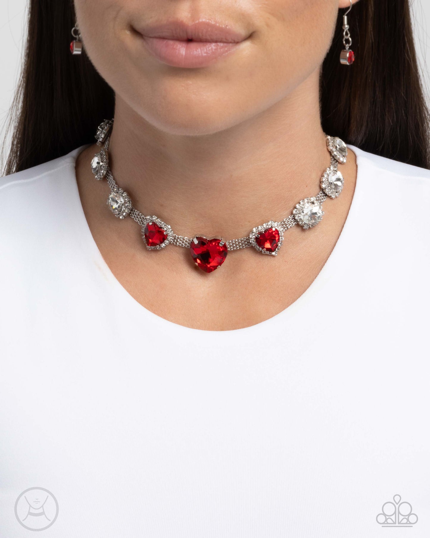 Valentines Vibe - Red Heart Rhinestone Silver Choker Necklace - Paparazzi Accessories
