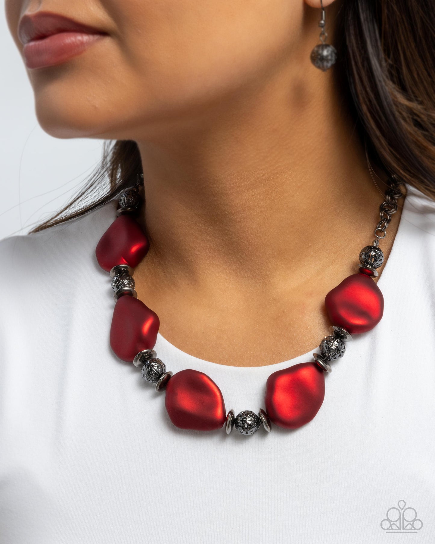 Refulgent Reformation - Red Pearl Gunmetal Necklace - Paparazzi Accessories