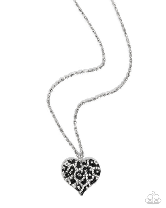 Cheetah Compound - Black Enamel Leopard Print Silver Heart Pendant Necklace - Paparazzi Accessories