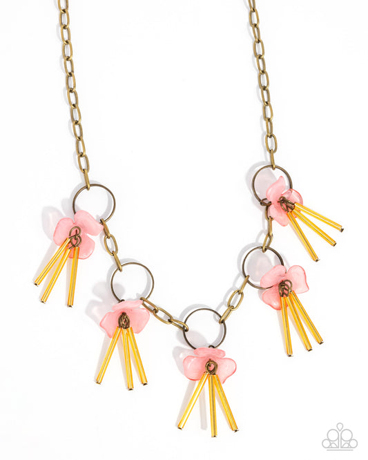 LEI of the Land - Brass & Pink Acrylic Flowers Necklace - Paparazzi Accessories