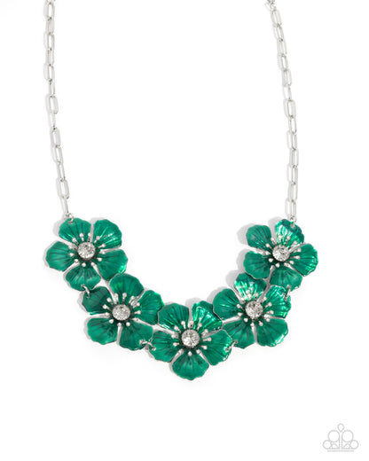 Eternal Efflorescence - Green Painted Flowers Silver Necklace - Paparazzi Accessories