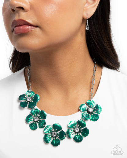 Eternal Efflorescence - Green Painted Flowers Silver Necklace - Paparazzi Accessories